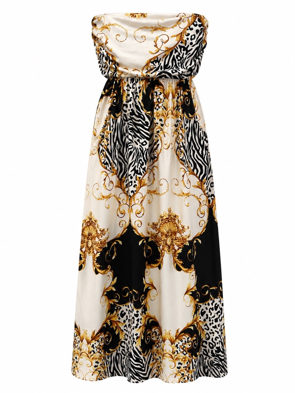Strapless Baroque Print Maxi Dress in White, Black & Gold